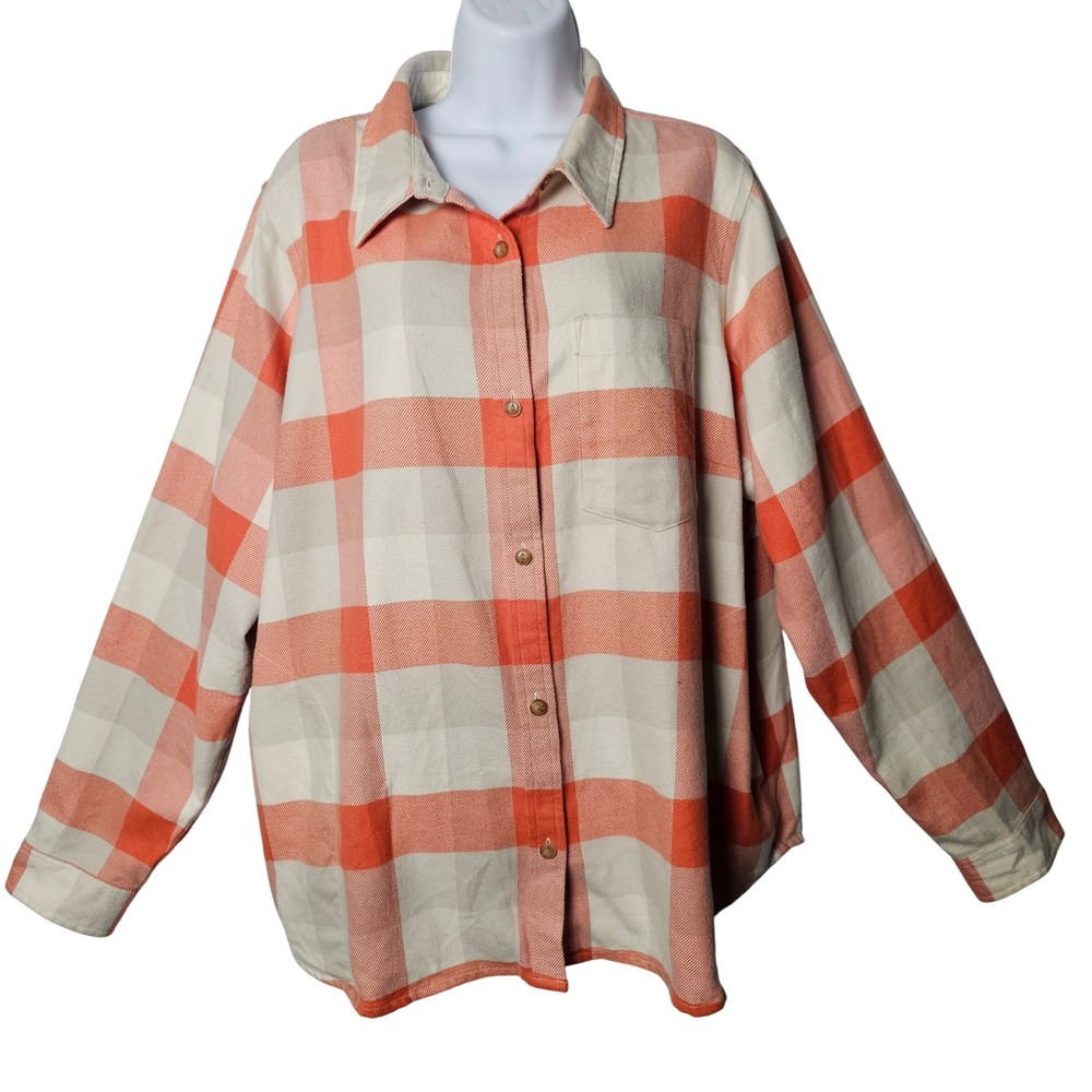 L.L.Bean Womens Relaxed Flannel Shirt 2X Orange Ivory Plaid Pockets Cabincore